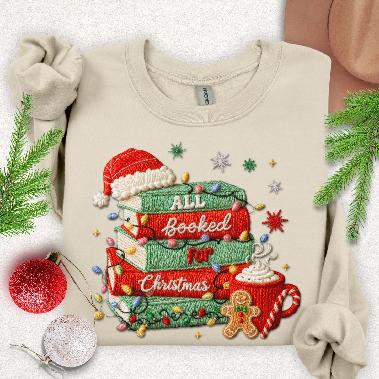 Faux Embroidery All Booked for Christmas Sweatshirt