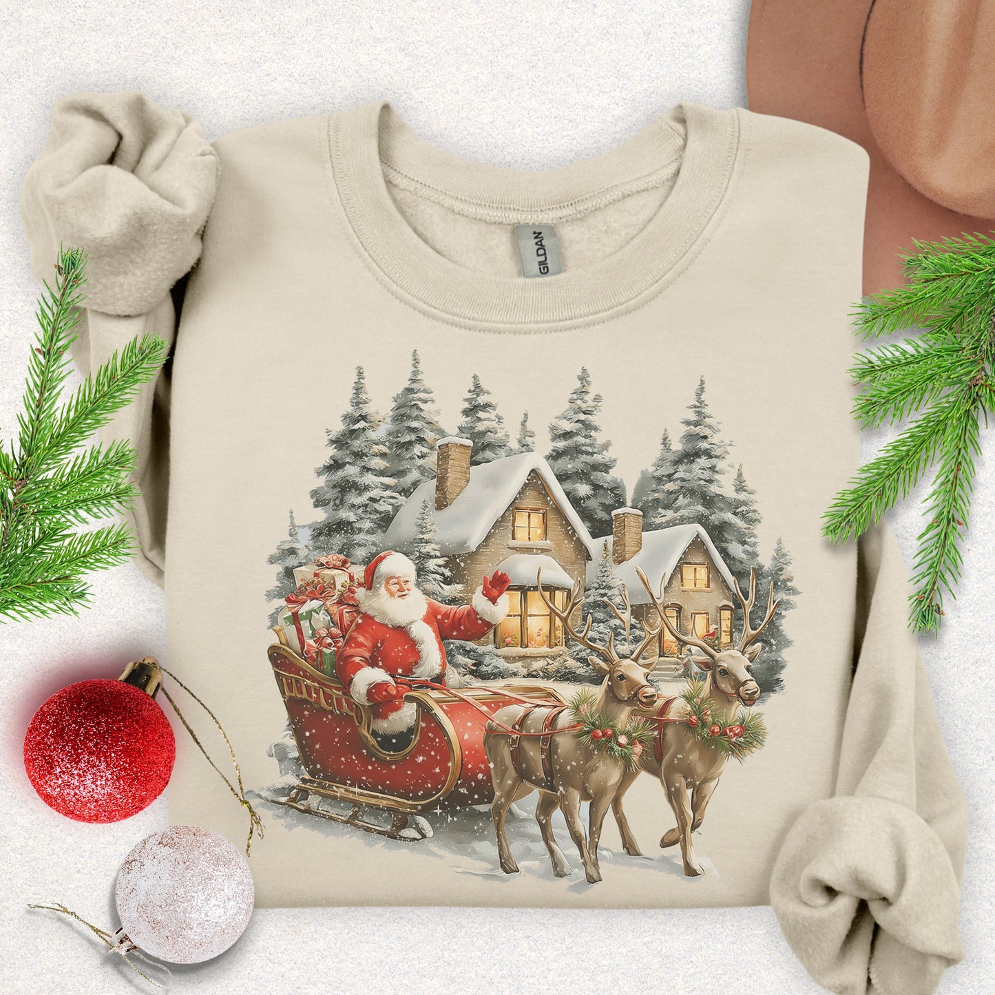 Santa Sleigh & Reindeer Winter Cottage Sweatshirt