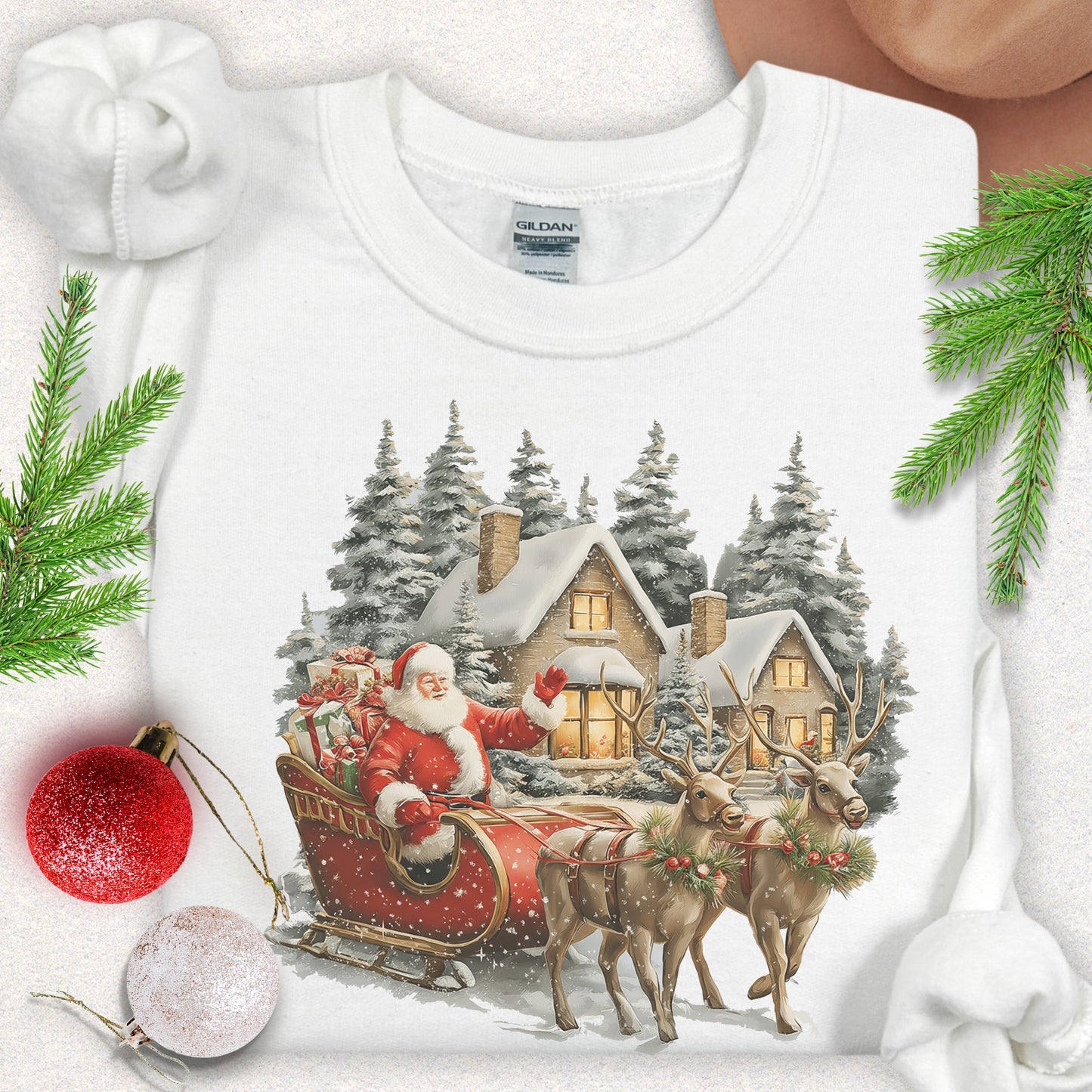 Santa Sleigh & Reindeer Winter Cottage Sweatshirt