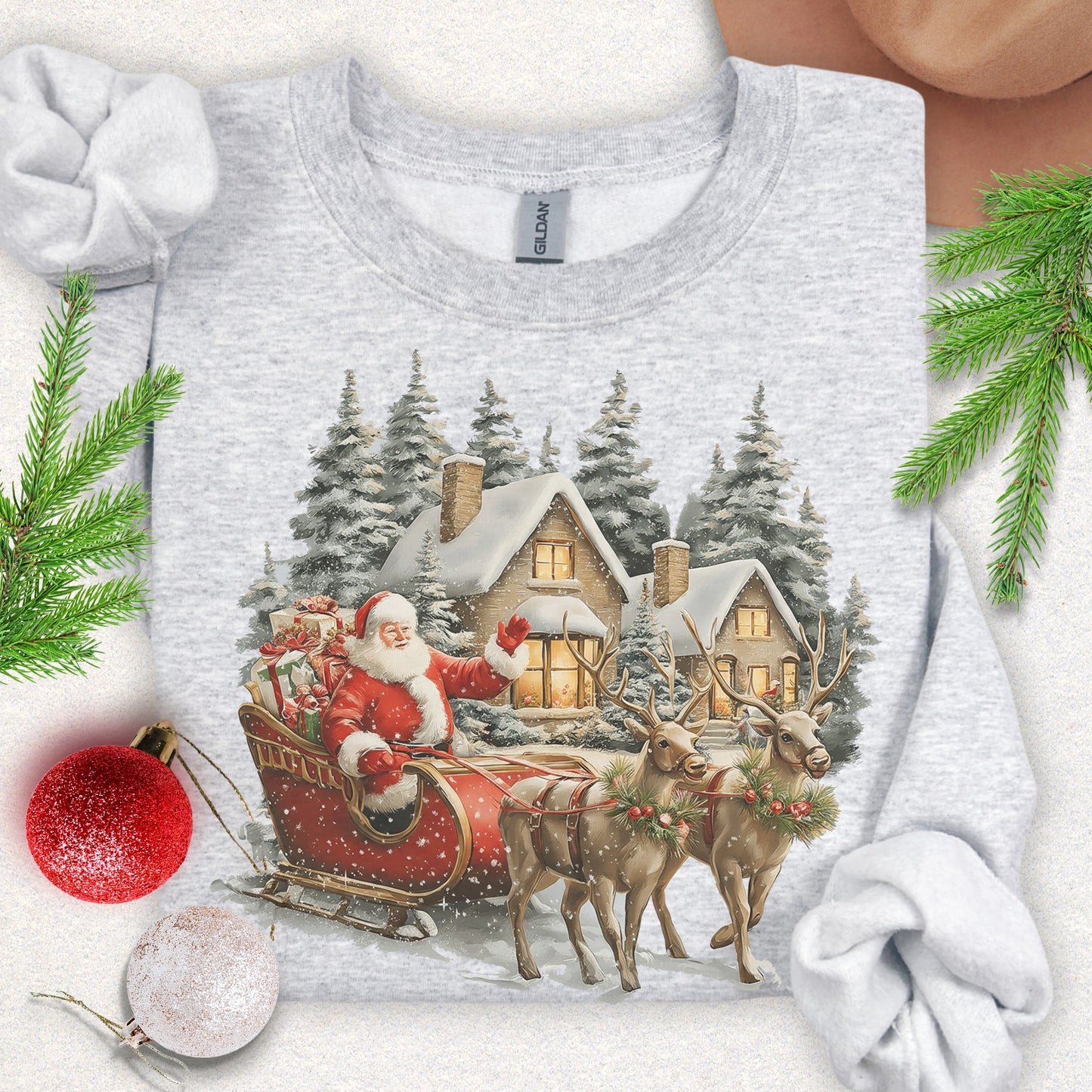 Santa Sleigh & Reindeer Winter Cottage Sweatshirt
