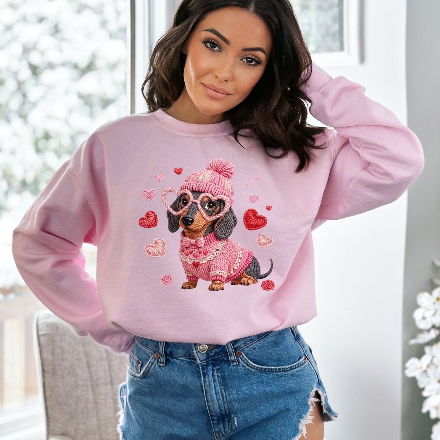 Faux Yarn Valentine's Day Dachshund Sweatshirt