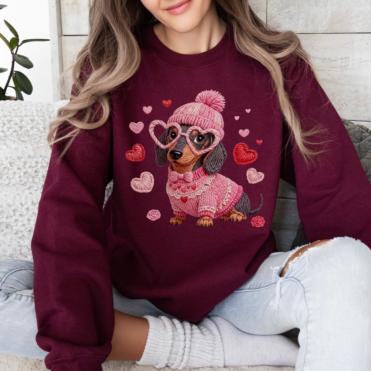 Faux Yarn Valentine's Day Dachshund Sweatshirt