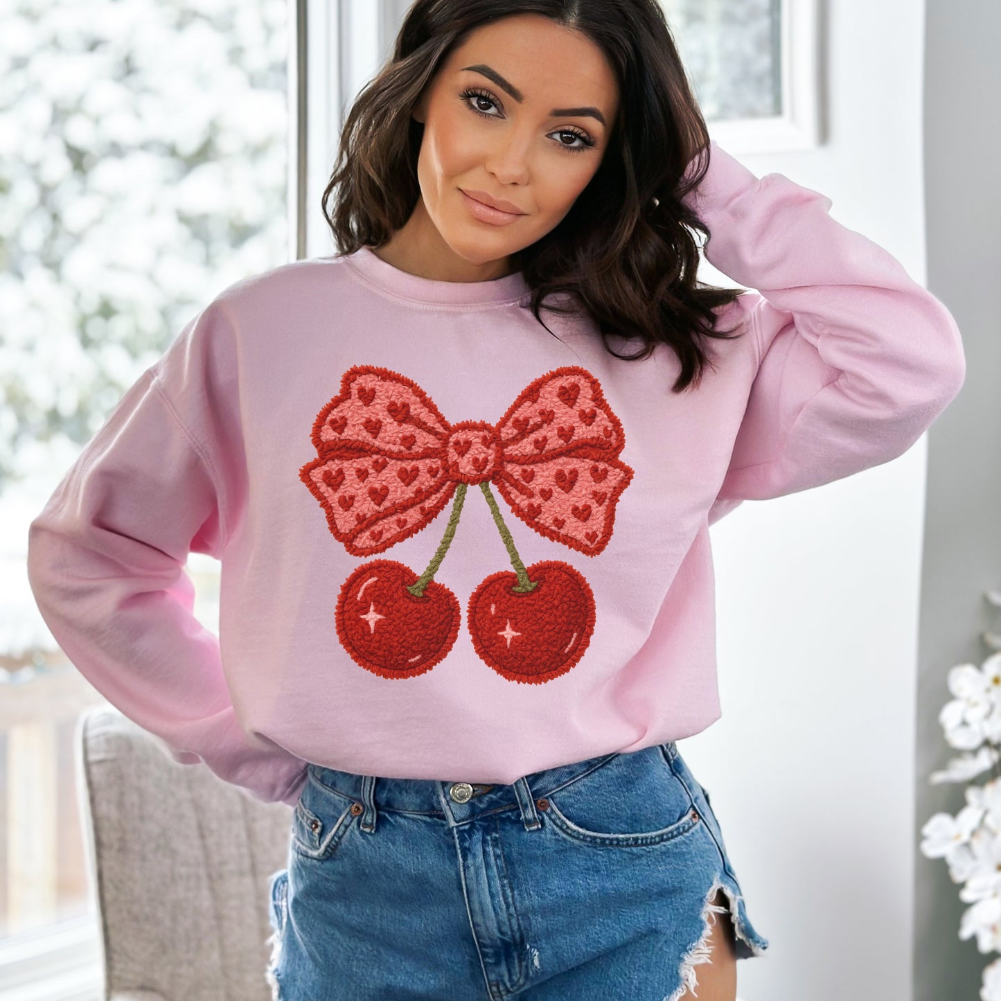 Faux Yarn Cherry Bow Sweatshirt