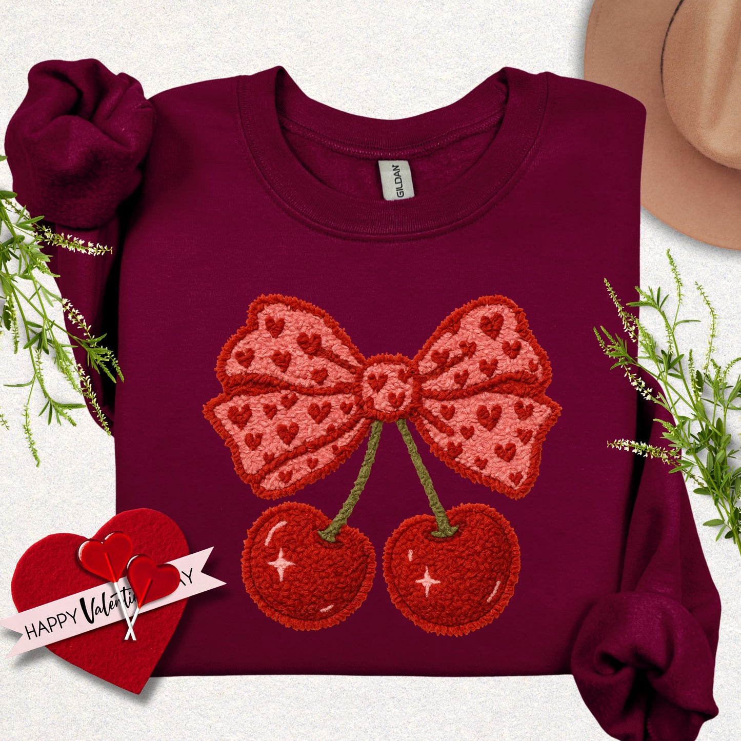 Faux Yarn Cherry Bow Sweatshirt