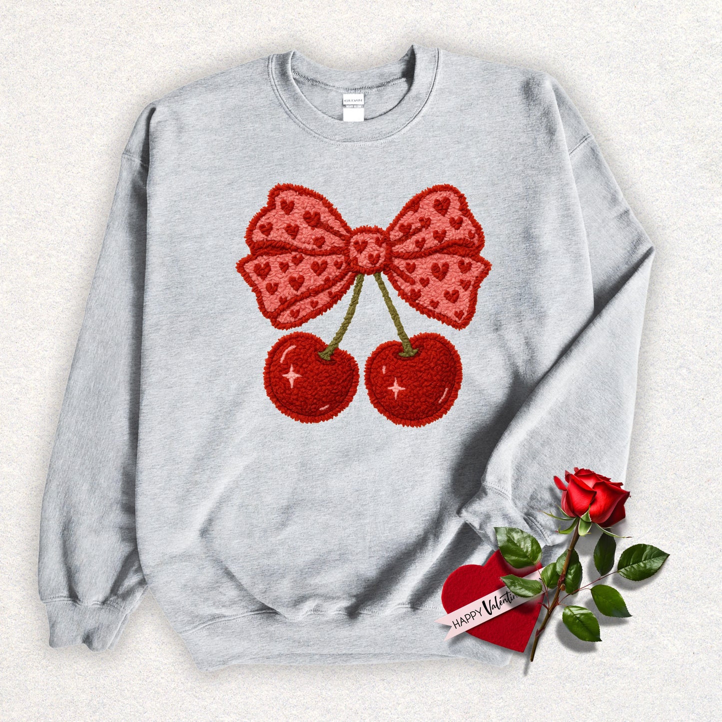 Faux Yarn Cherry Bow Sweatshirt