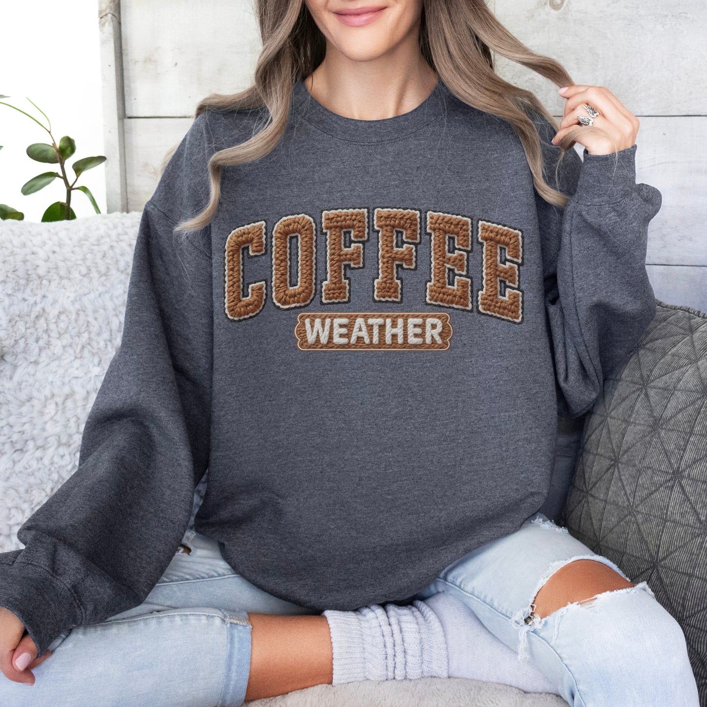 Faux Yarn Patch Coffee Weather Sweatshirt