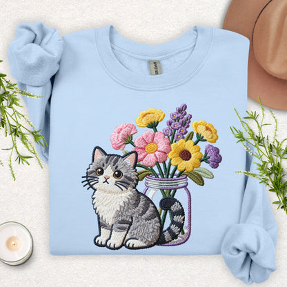 Faux Embroidery Cat and Wildflowers Sweatshirt