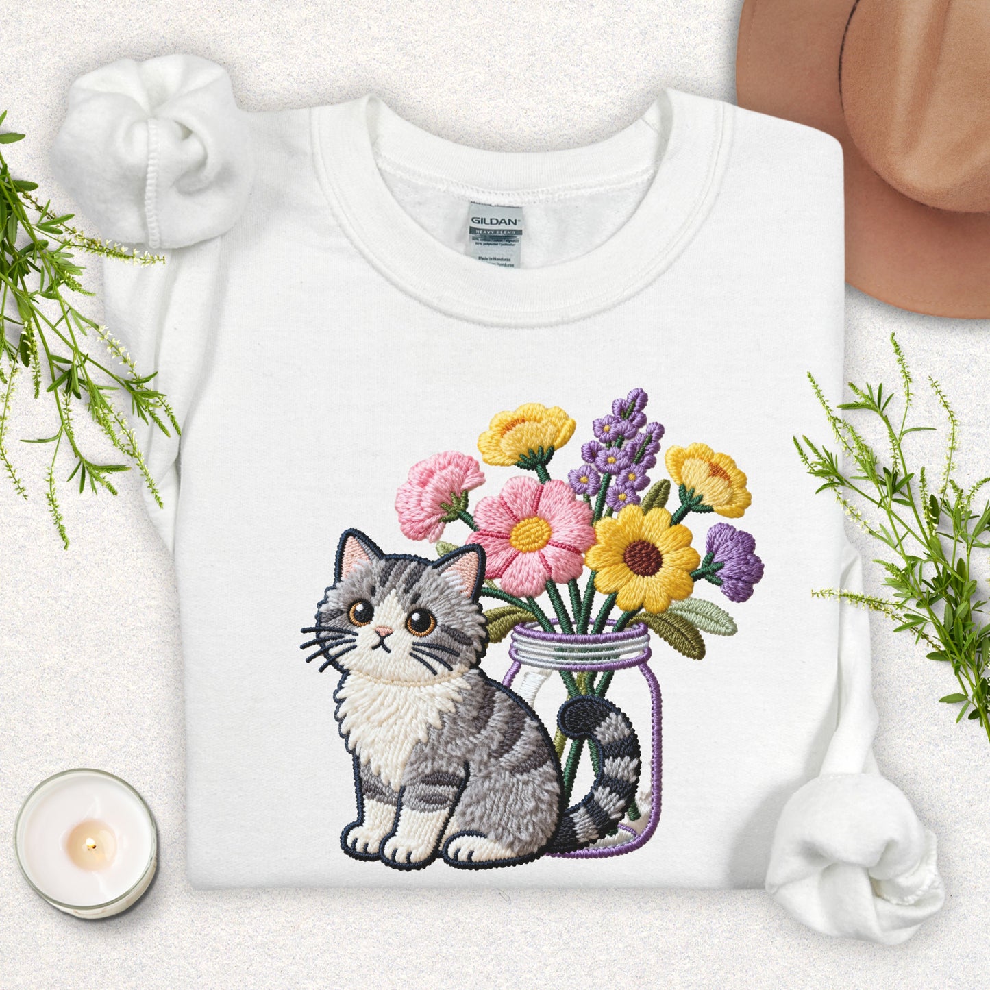 Faux Embroidery Cat and Wildflowers Sweatshirt