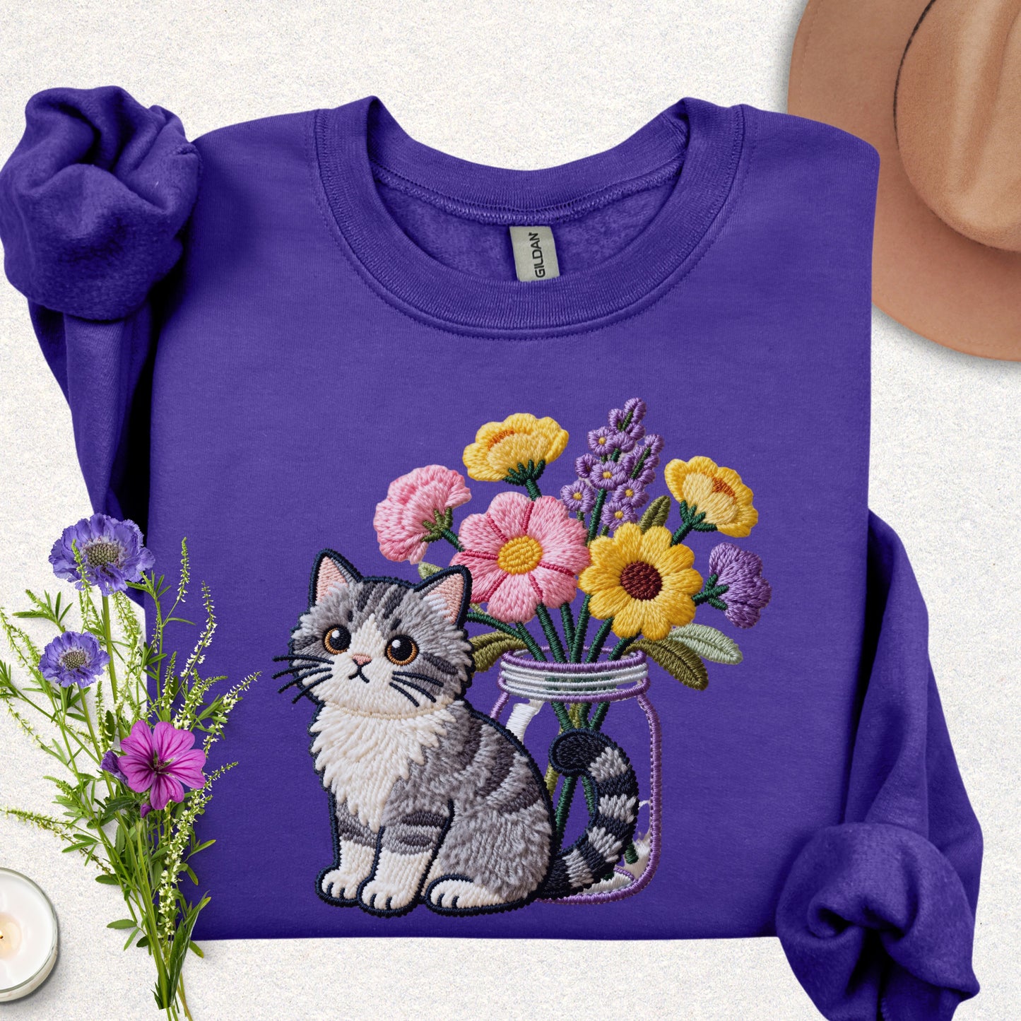 Faux Embroidery Cat and Wildflowers Sweatshirt