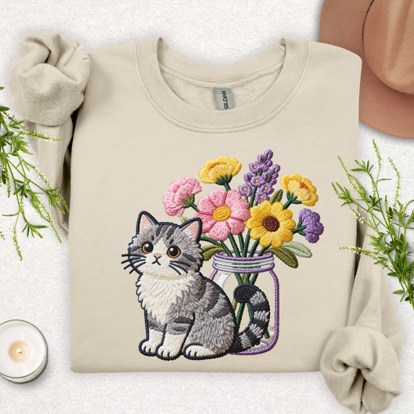 Faux Embroidery Cat and Wildflowers Sweatshirt