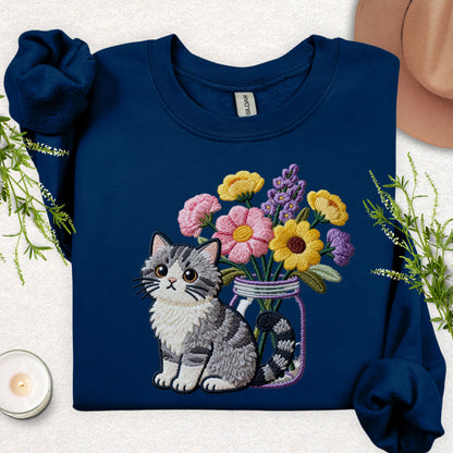 Faux Embroidery Cat and Wildflowers Sweatshirt