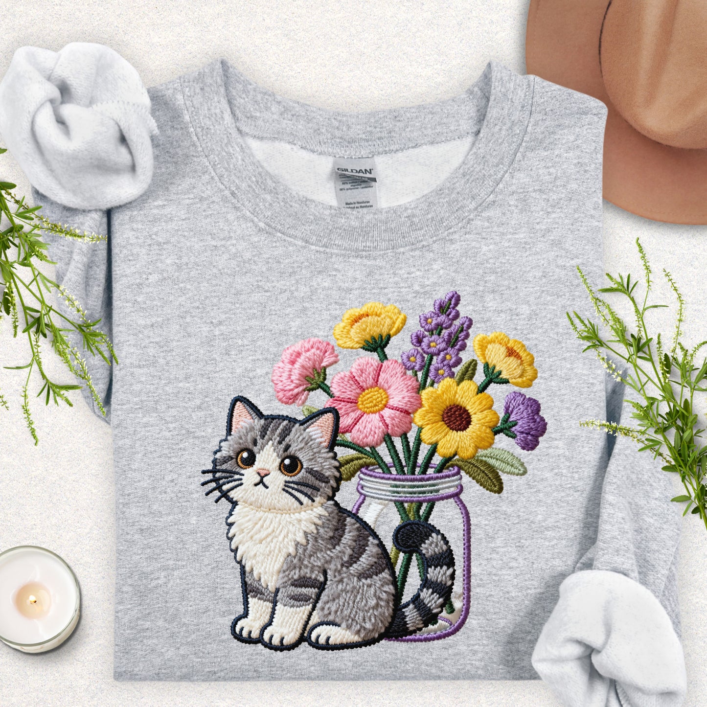 Faux Embroidery Cat and Wildflowers Sweatshirt