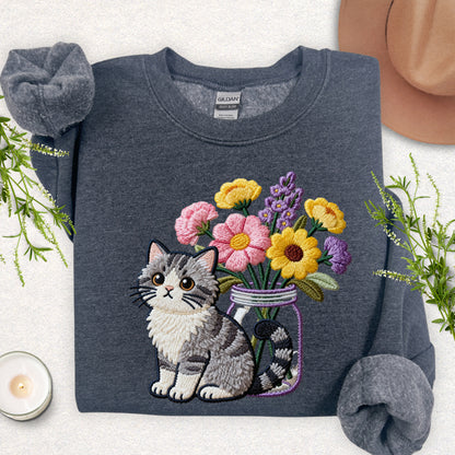 Faux Embroidery Cat and Wildflowers Sweatshirt