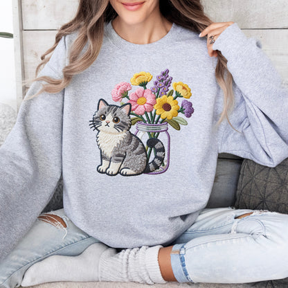 Faux Embroidery Cat and Wildflowers Sweatshirt