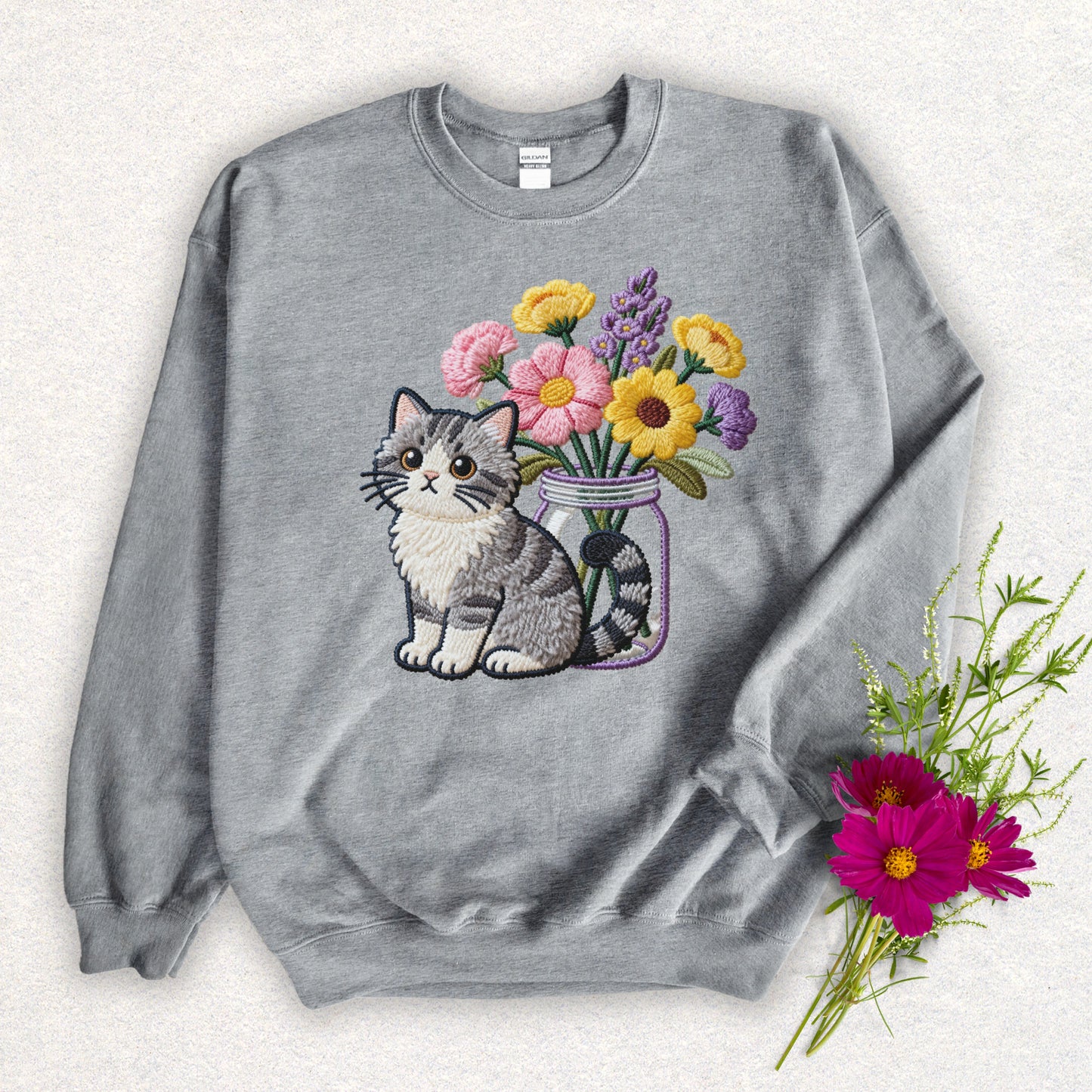 Faux Embroidery Cat and Wildflowers Sweatshirt