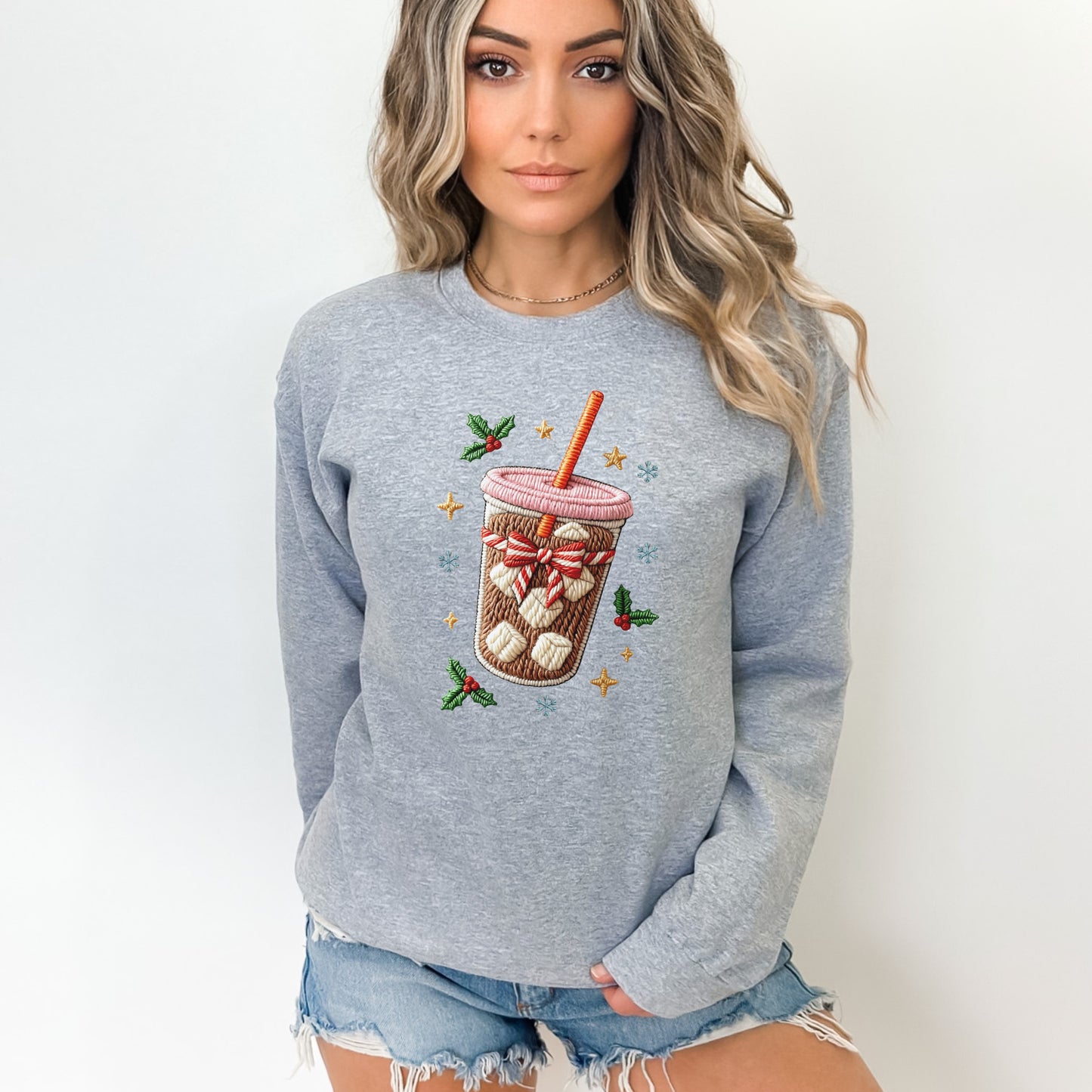 Faux Embroidered Iced Coffee Sweatshirt