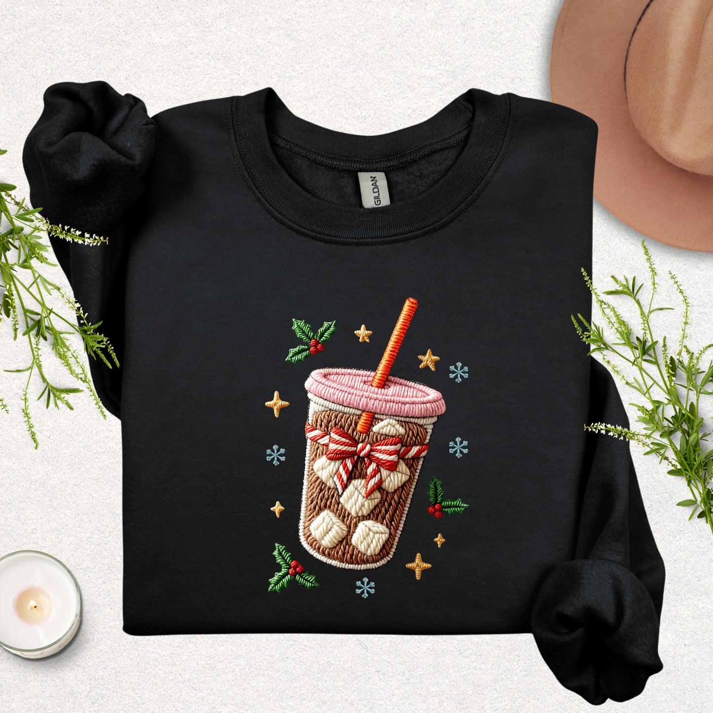 Faux Embroidered Iced Coffee Sweatshirt