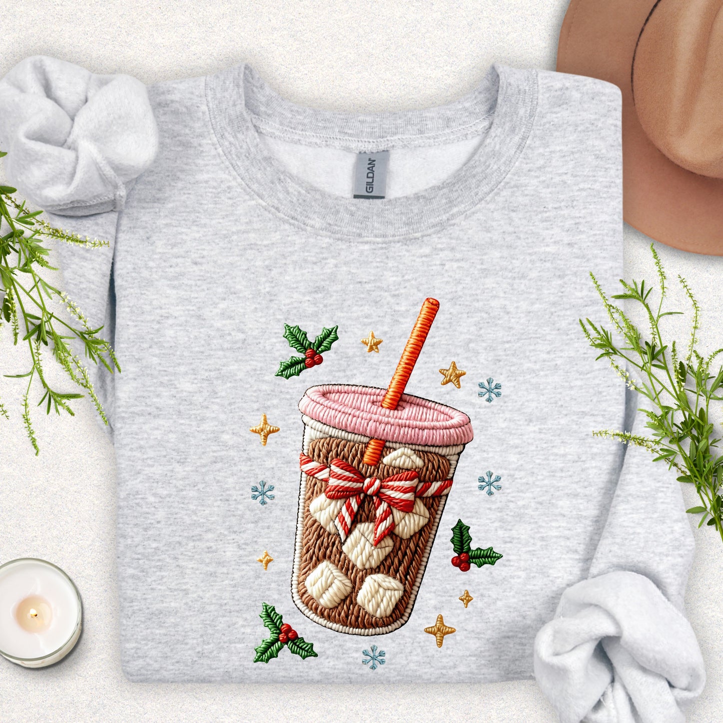 Faux Embroidered Iced Coffee Sweatshirt