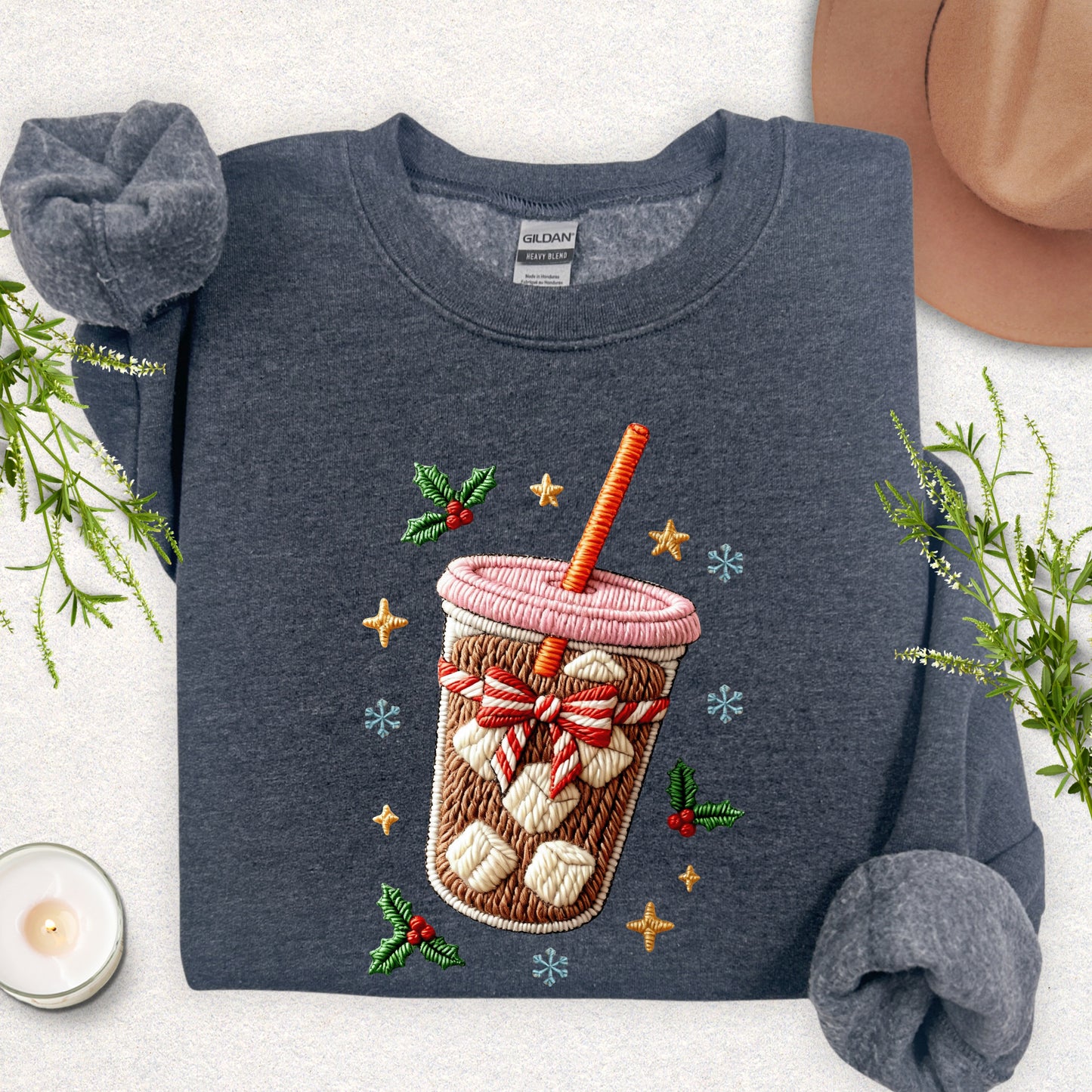 Faux Embroidered Iced Coffee Sweatshirt