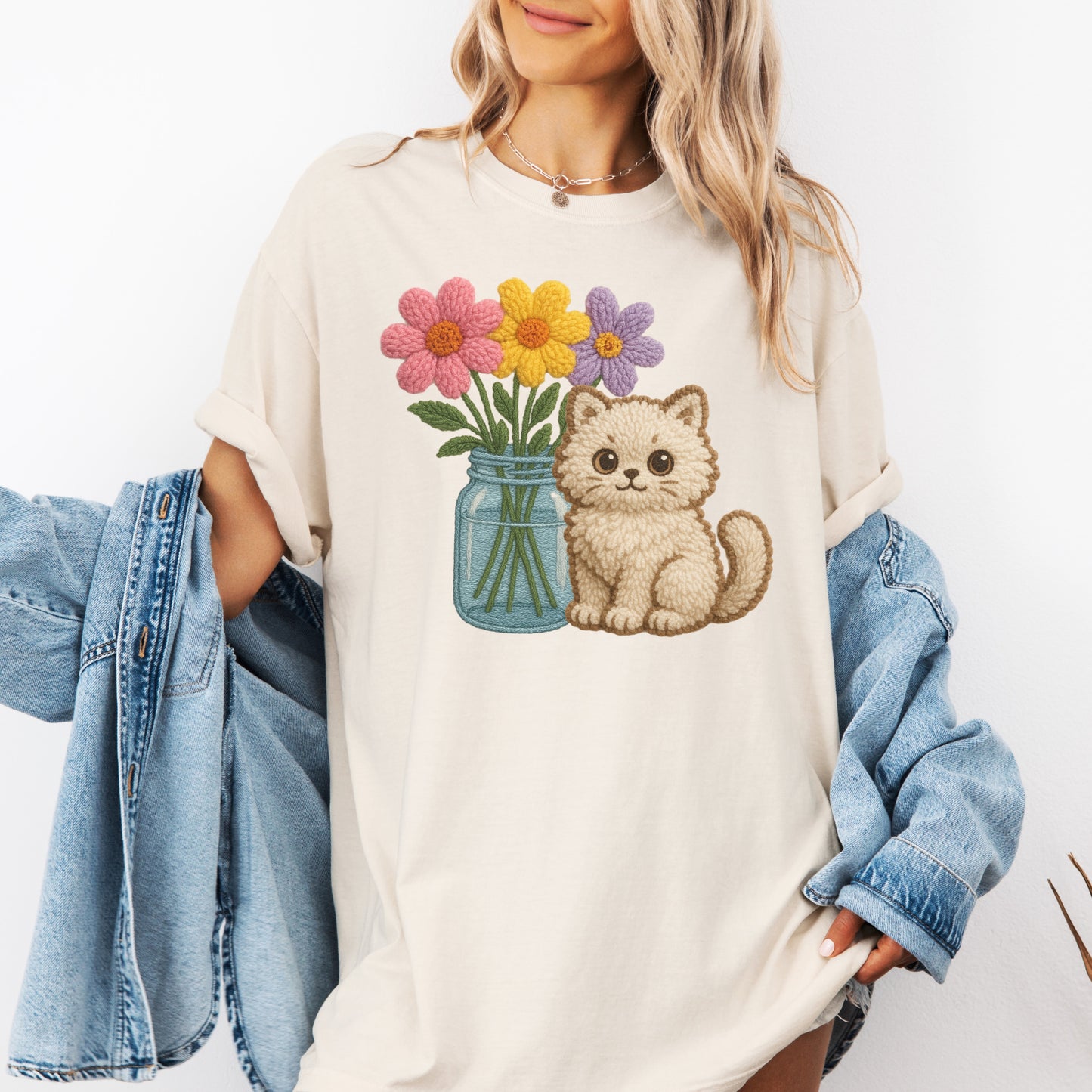Faux Knit Cat & Flowers Tee