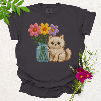 Faux Knit Cat & Flowers Tee