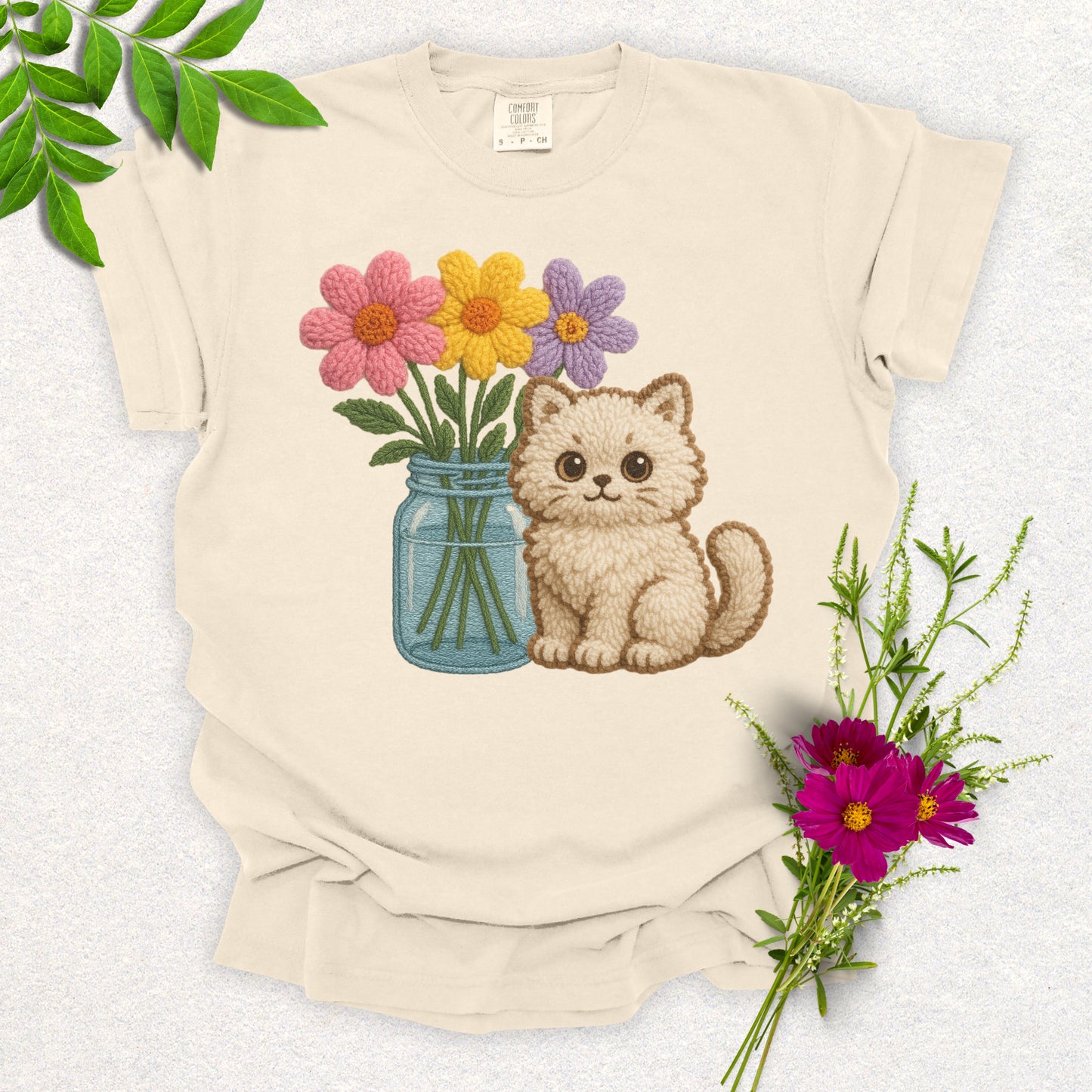 Faux Knit Cat & Flowers Tee