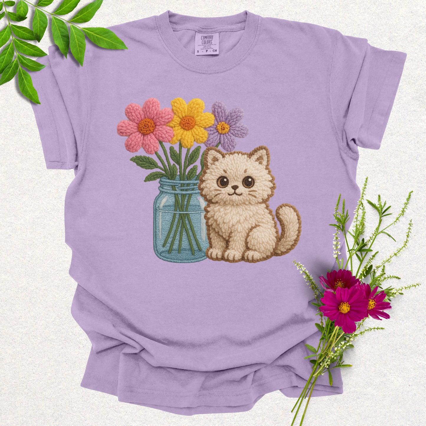 Faux Knit Cat & Flowers Tee