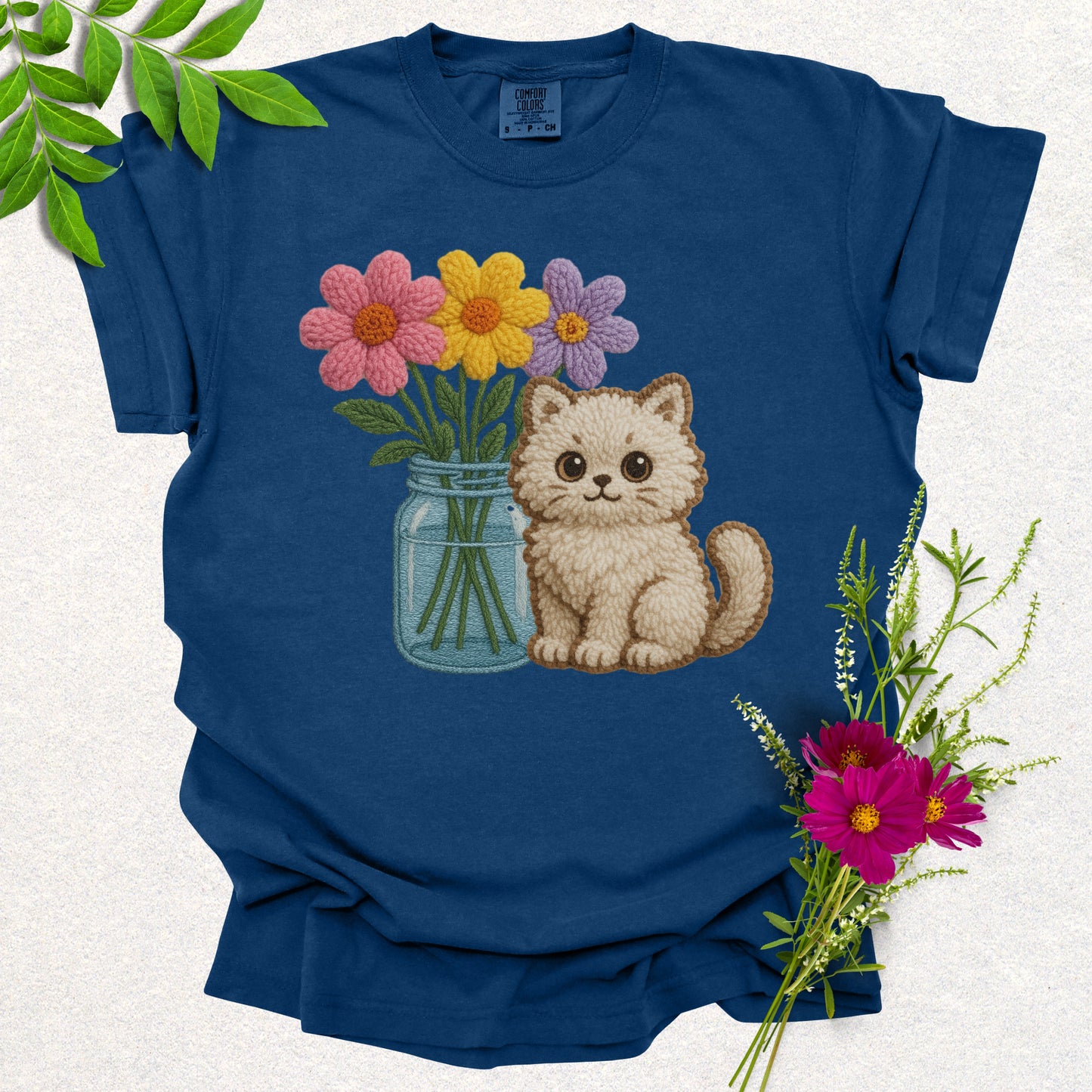 Faux Knit Cat & Flowers Tee
