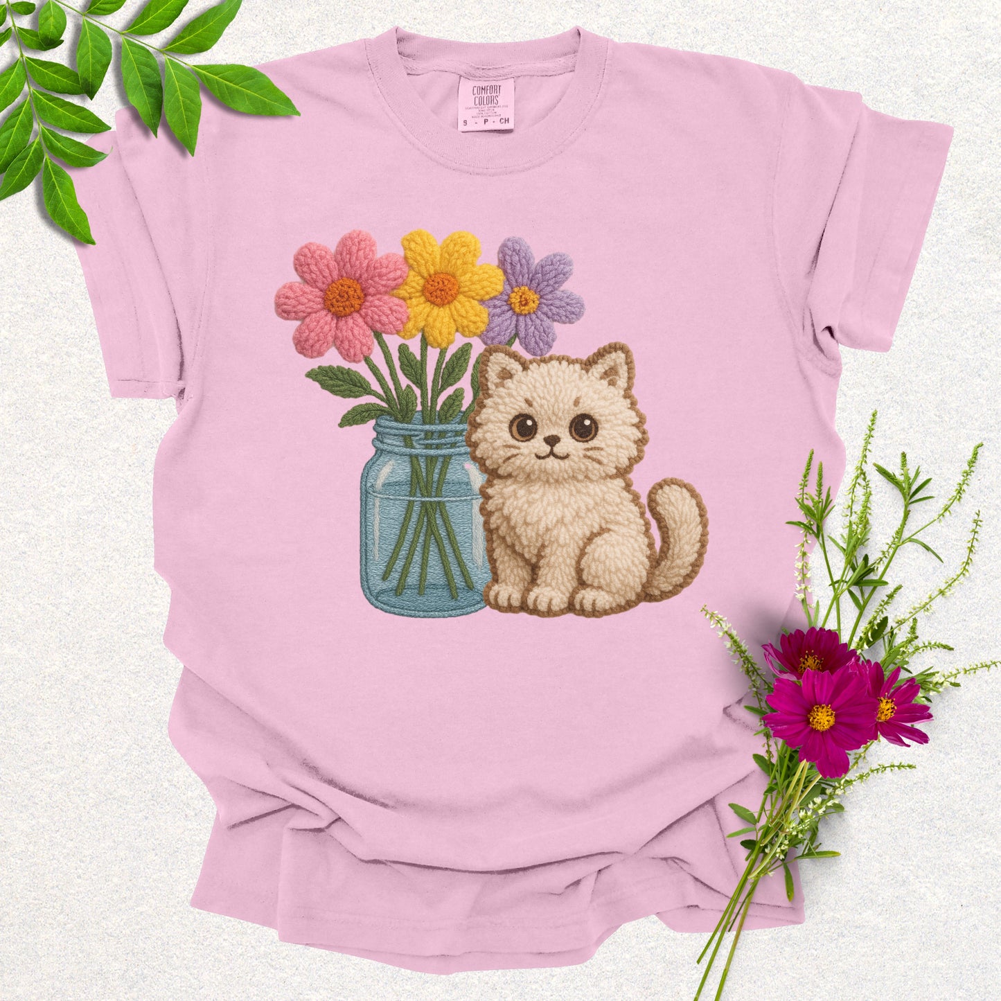 Faux Knit Cat & Flowers Tee