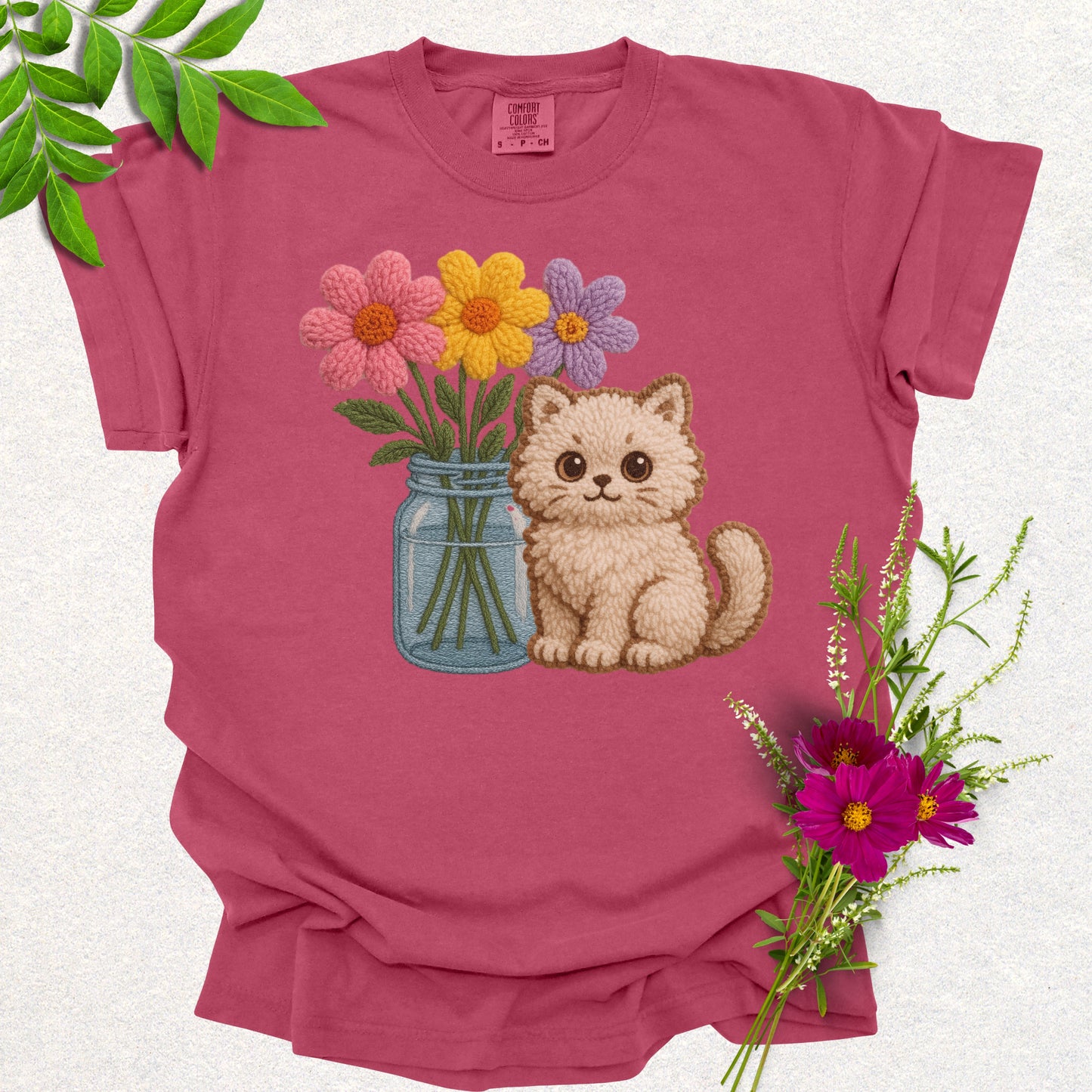 Faux Knit Cat & Flowers Tee
