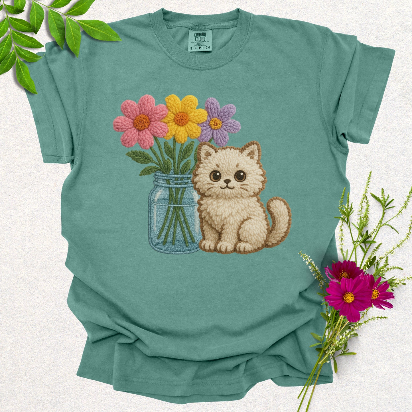 Faux Knit Cat & Flowers Tee