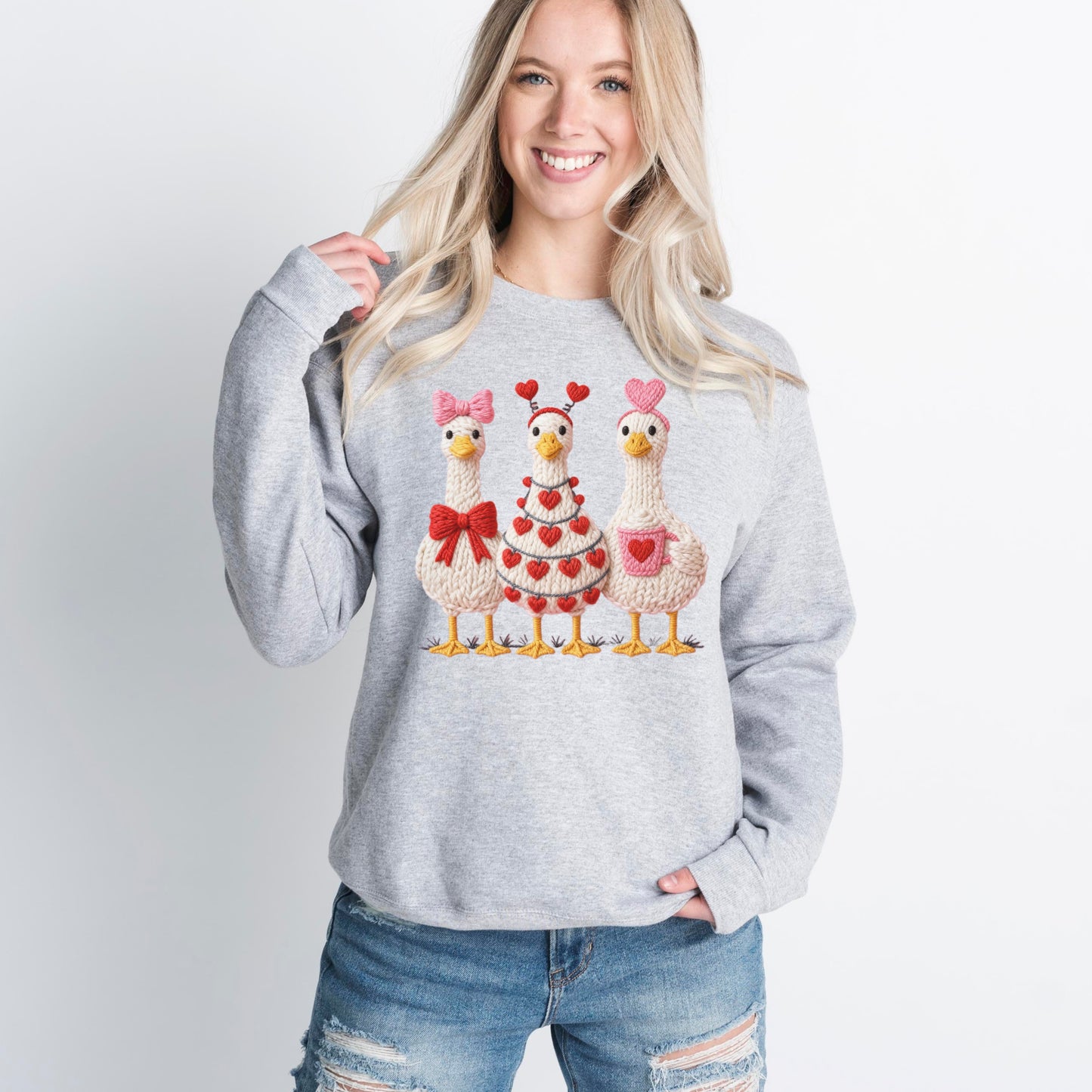 Faux Yarn Cozy Hearts Goose Sweatshirt