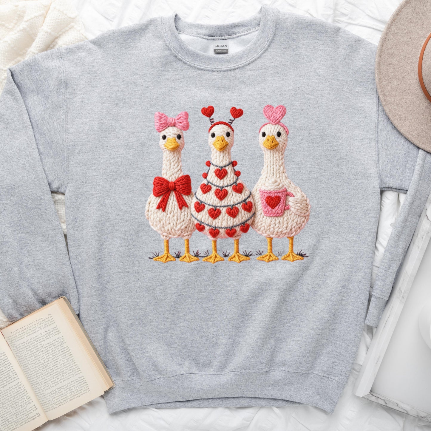 Faux Yarn Cozy Hearts Goose Sweatshirt