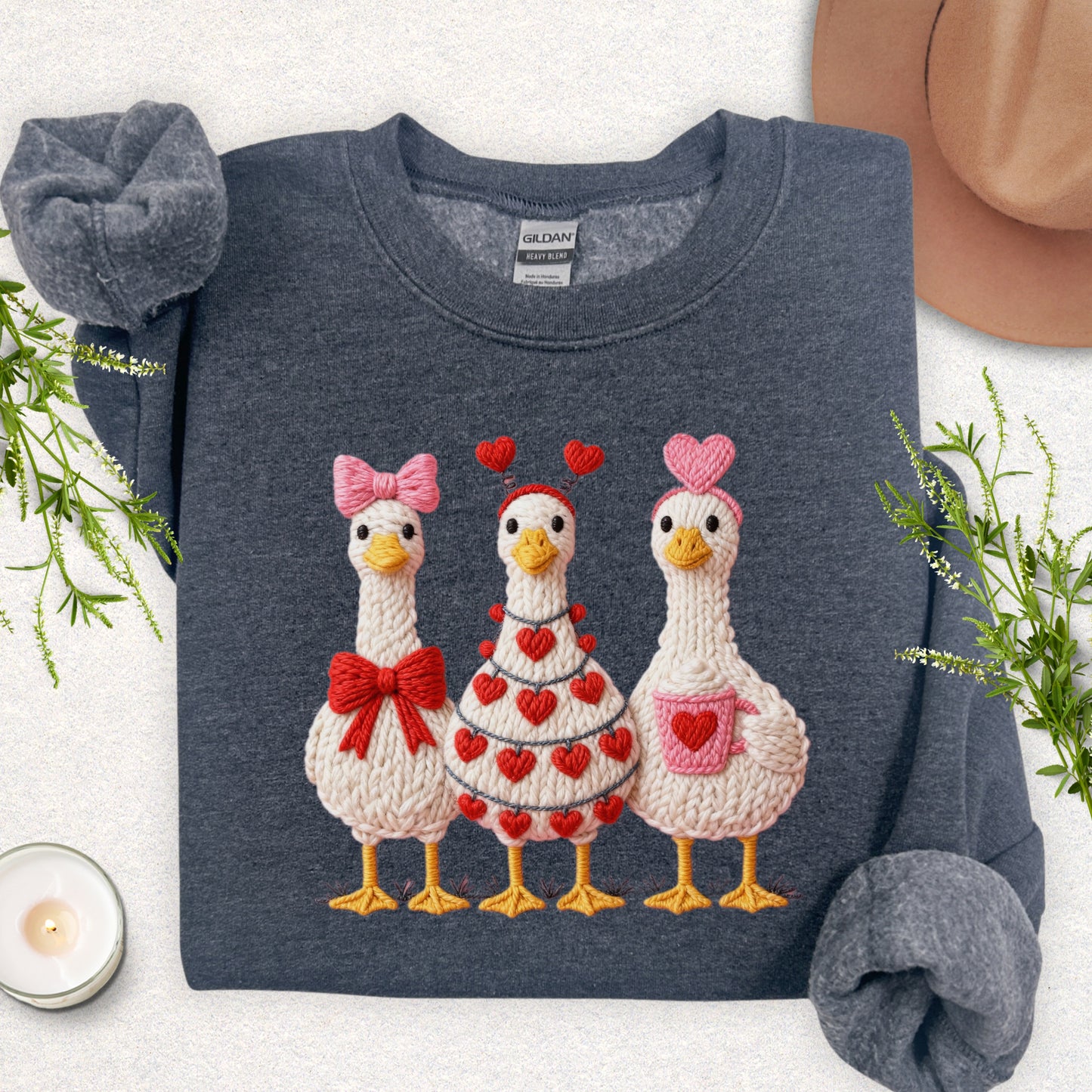 Faux Yarn Cozy Hearts Goose Sweatshirt