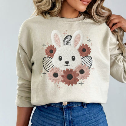Faux Embroidery Spring Floral Bunny Sweatshirt