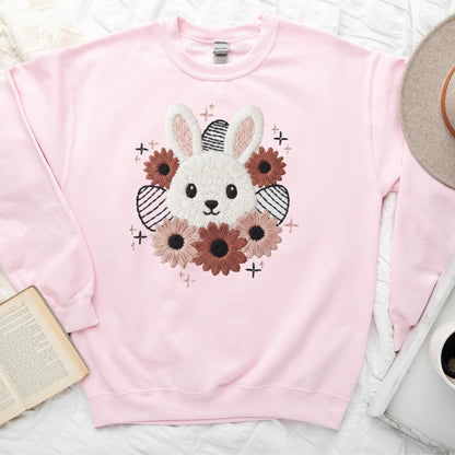 Faux Embroidery Spring Floral Bunny Sweatshirt