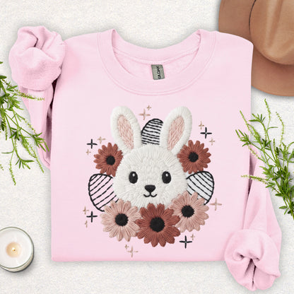 Faux Embroidery Spring Floral Bunny Sweatshirt