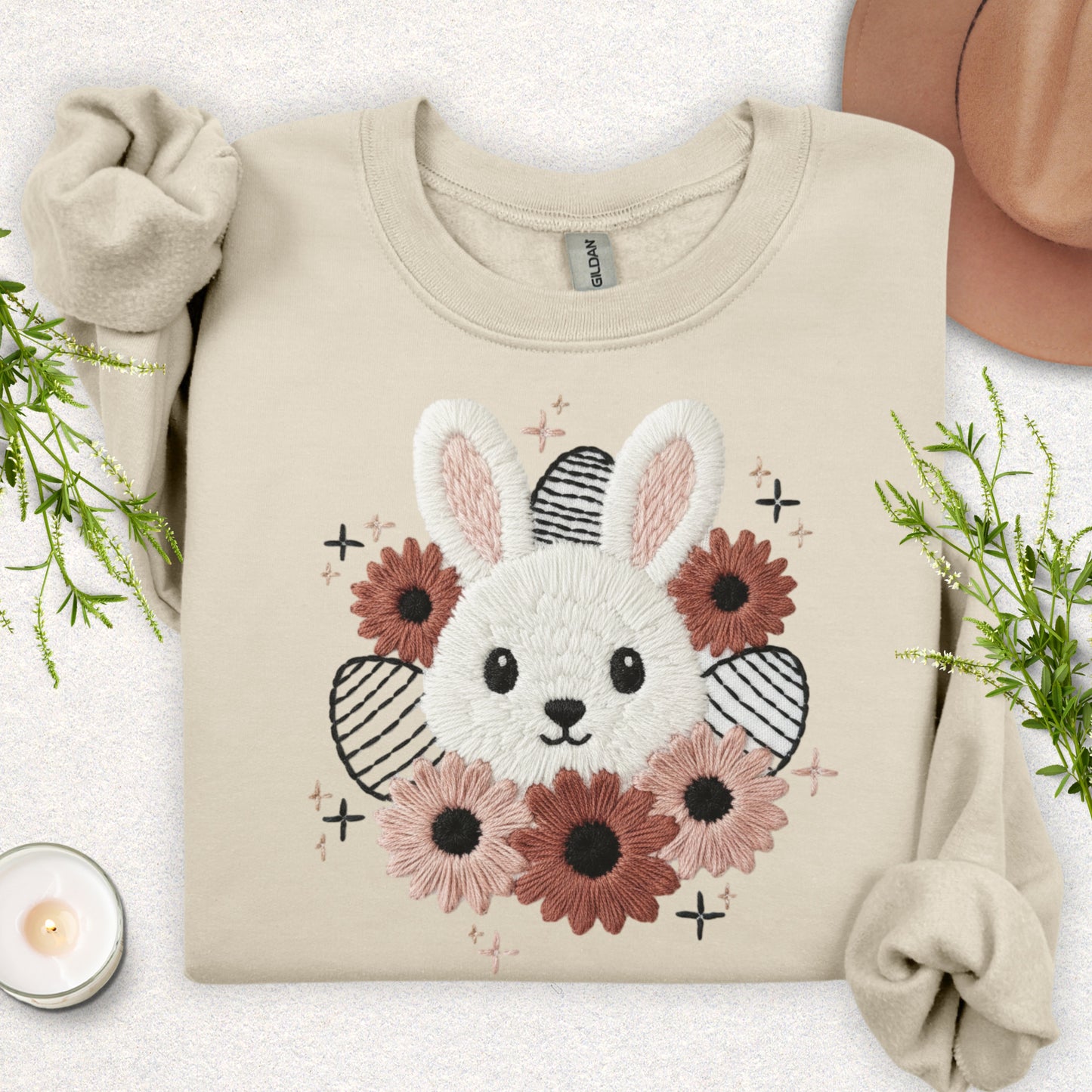 Faux Embroidery Spring Floral Bunny Sweatshirt