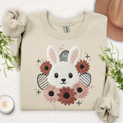Faux Embroidery Spring Floral Bunny Sweatshirt