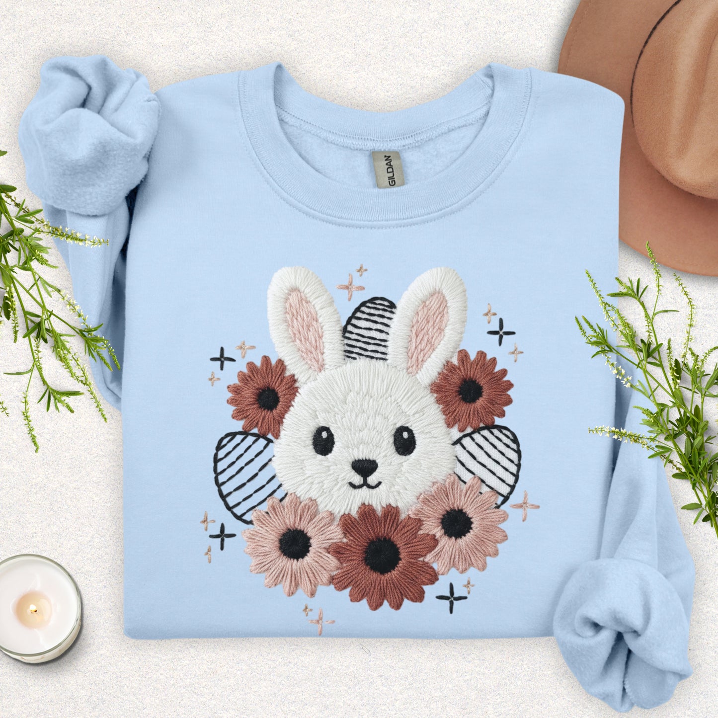 Faux Embroidery Spring Floral Bunny Sweatshirt