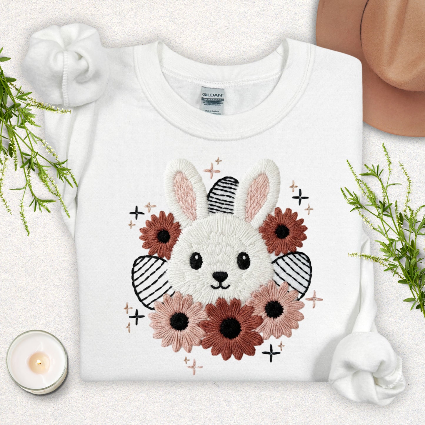 Faux Embroidery Spring Floral Bunny Sweatshirt