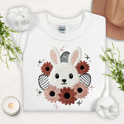 Faux Embroidery Spring Floral Bunny Sweatshirt