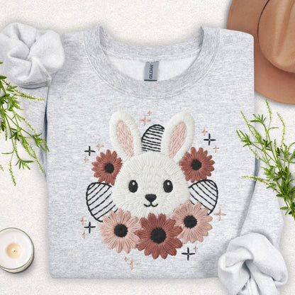 Faux Embroidery Spring Floral Bunny Sweatshirt