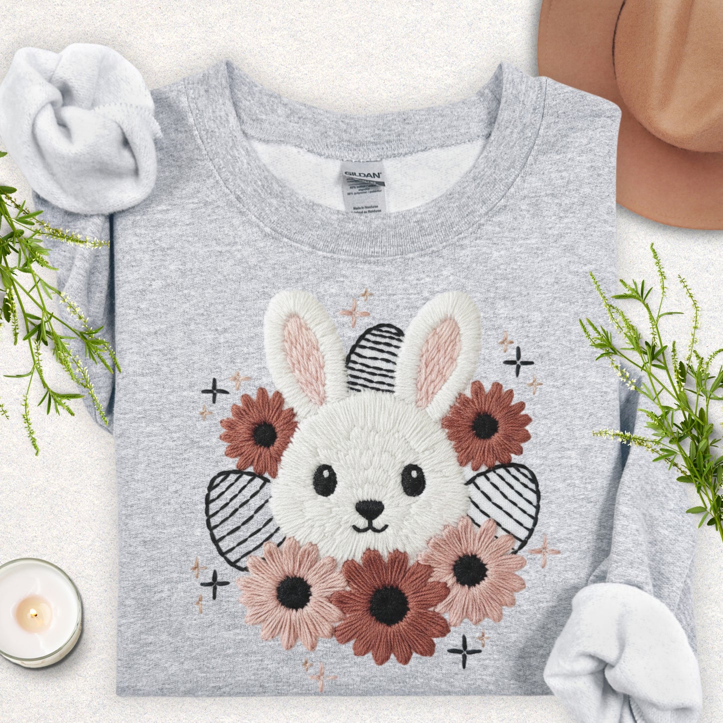 Faux Embroidery Spring Floral Bunny Sweatshirt