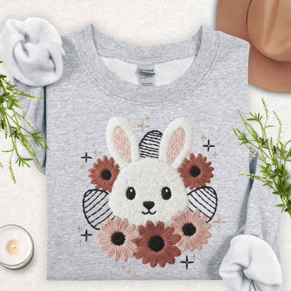 Faux Embroidery Spring Floral Bunny Sweatshirt