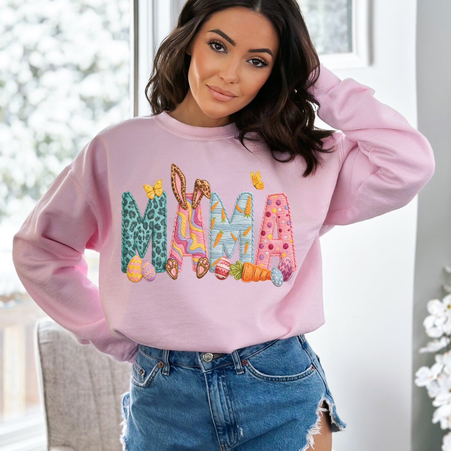Faux Patch Embroidery Mama Easter Sweatshirt