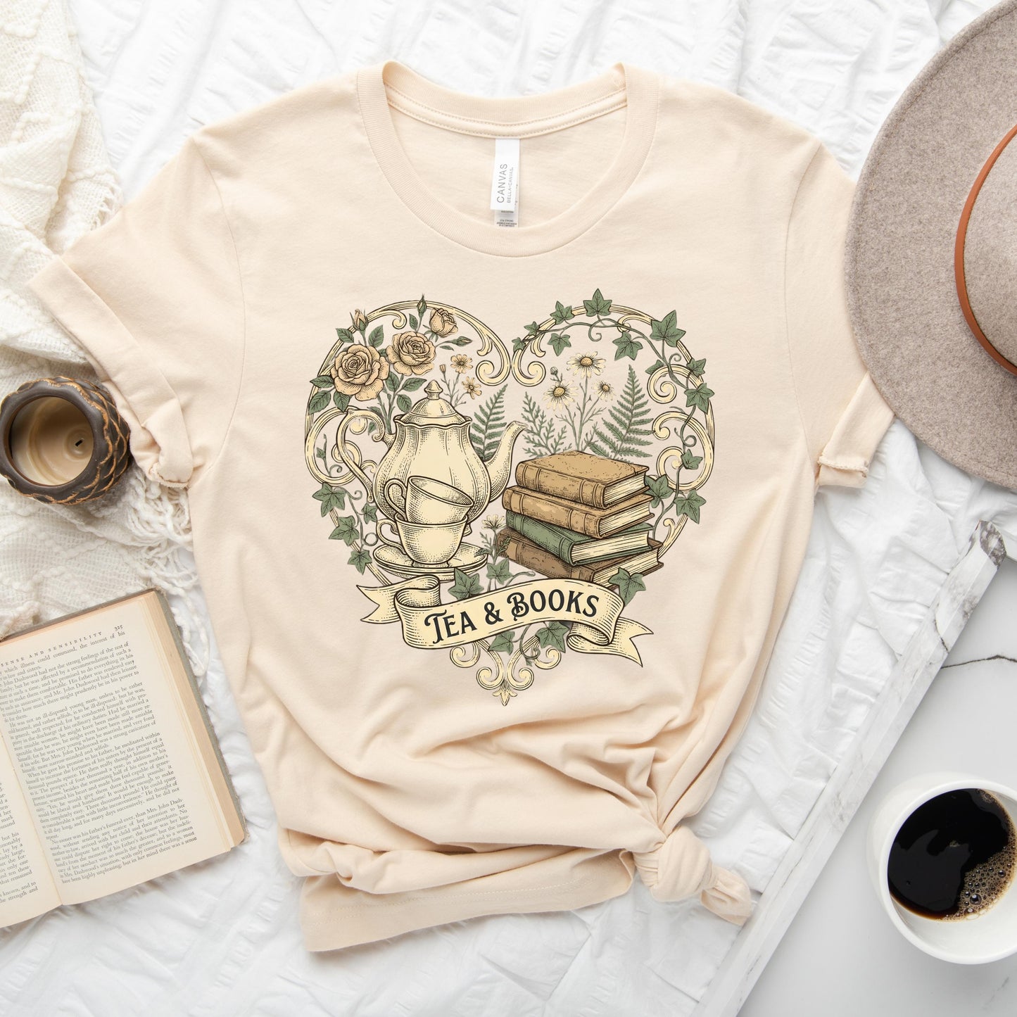 Vintage Tea & Books Heart Tee