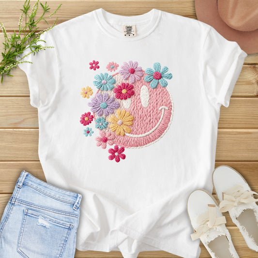 Faux Embroidery Floral Smiley Tee