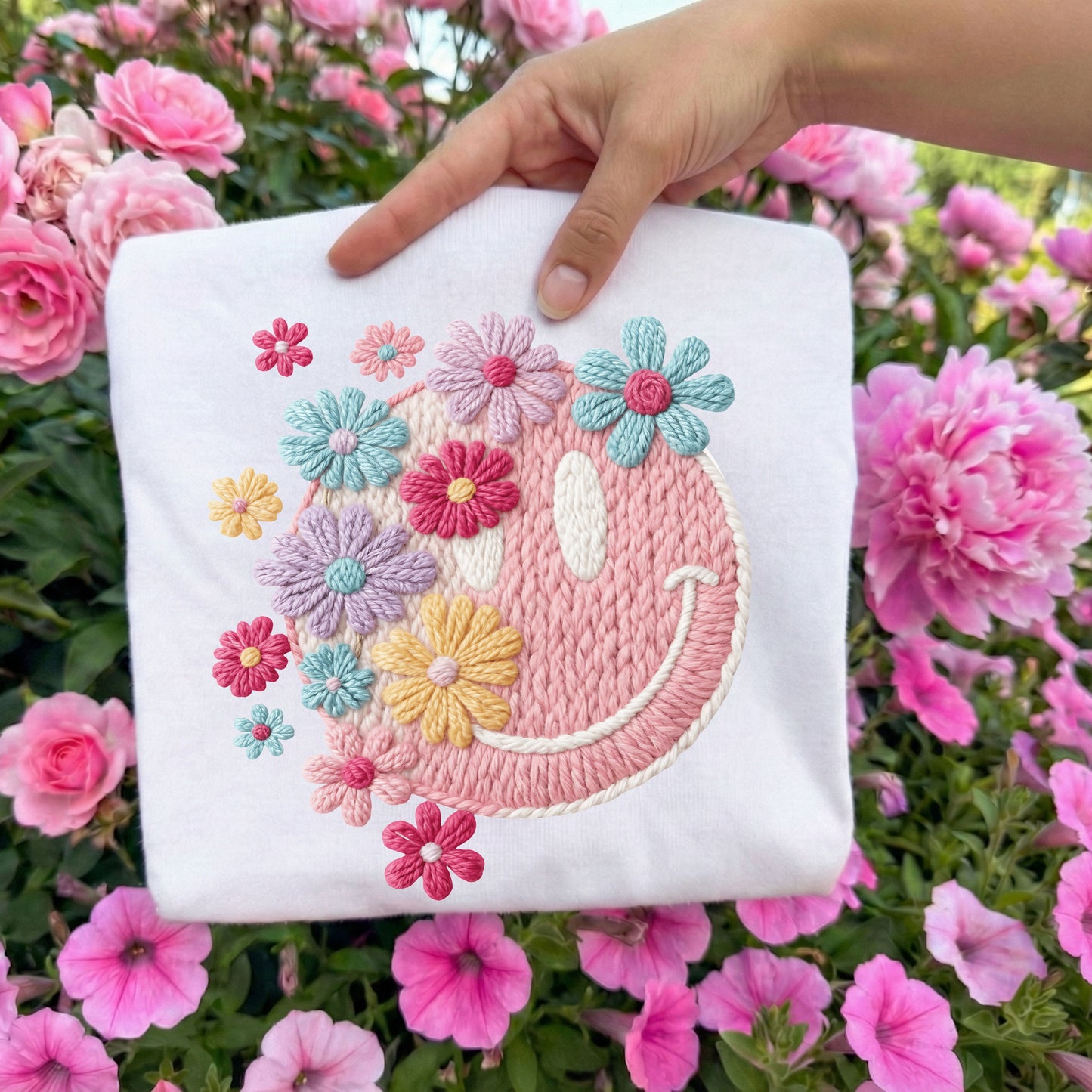 Faux Embroidery Floral Smiley Tee