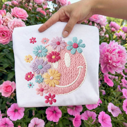 Faux Embroidery Floral Smiley Tee